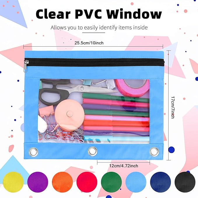Pencil Pouch for 3 Ring Binder, 8 Pack Pencil Bags with Zipper, Large Capacity Pencil Case for Binder Assorted Color Pencil Case Pouch with Clear Window and Grommets Pencil Pocket for Office Supplies