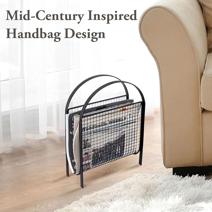 MyGift Mid-Century Design Magazine Rack, Matte Black Tone Metal Mesh Freestanding Magazine Organizer Holder Sling
