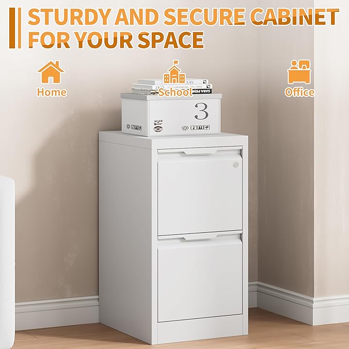 2-Drawer Metal File Cabinet with 1 Lockable Drawer,Steel Printer Stand with Storage for Home Office,Vertical Filing Cabinet for Legal/Letter/A4 Files,Assembly Required(15''W-2 Drawers,White)