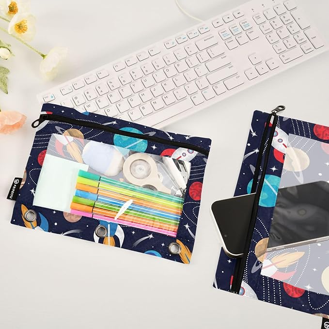 Space Cute Rockets Planets Pencil Pouch for 3 Ring Binder, 2 Pack Waterproof Pencil Bags Clear Window Zipper School Office Supplies