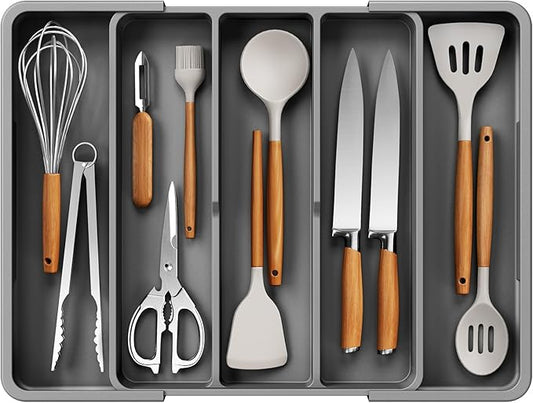 Kitsure Expandable Silverware Organizer – Large Utensil Drawer Kitchen Organization with 5 Compartments, Easy-Clean, Home & Apartment Essentials, Grey, 13.6" x 1.4"x 11.0"~19.9"