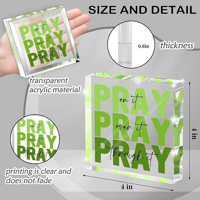 Ideal Christian Gifts for Women - Pray On It,Pray Over It - Bible Verse Desk Art, Inspirational Decor, Green Dorm Room Decor for Women, Desk Decorations for Office, 4 x 4 inches（Green）