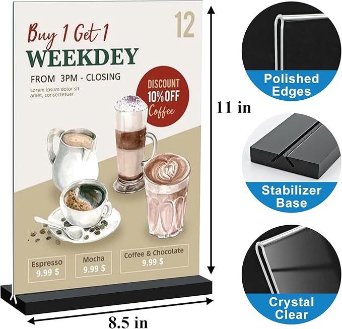 Seencool 8.5x11 Acrylic Sign Holder Vertical Double-Sided Tabletop Sign Holder with Black Base, Plastic Picture Frame Paper Holder, Clear Menu Display Stand for Office Restaurant Store Home 8 Pack