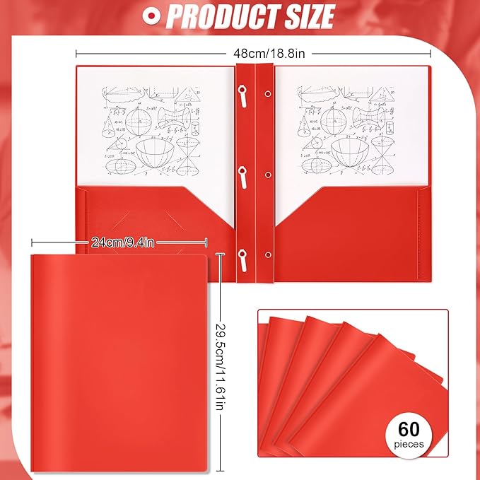 Yeaqee 60 Pcs Plastic Folders with Pockets and Prong Plastic Folders with 2 Pockets Pocket for Office, School for Students, Teachers, Office Workers (Red)