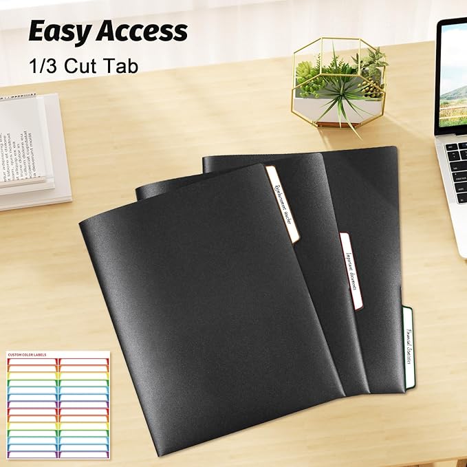 Fastener File Folder,Plastic Folders with Pockets,Reinforced Heavy Duty Pocket Folder with Brad,Manila,1/3 Cut Tabs,Letter Size,12 Pack,Black