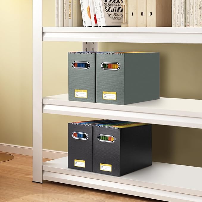 BALEINE File Organizer Box, Cardboard File Folder Organizer with Handle for Letter Size, Portable Collapsible Hanging Filing Box for Home Office Document Storage (4 Pack, Grey)