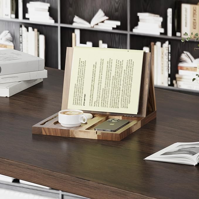 Wooden Triangle Book Stand Holder for Page Rest, Acacia Foldable Nook Reading Valet with Cup,Pen, Glasses and Phone Holder for Bedroom Nightstand Office,Book Lover Gifts for Readers (Acacia)