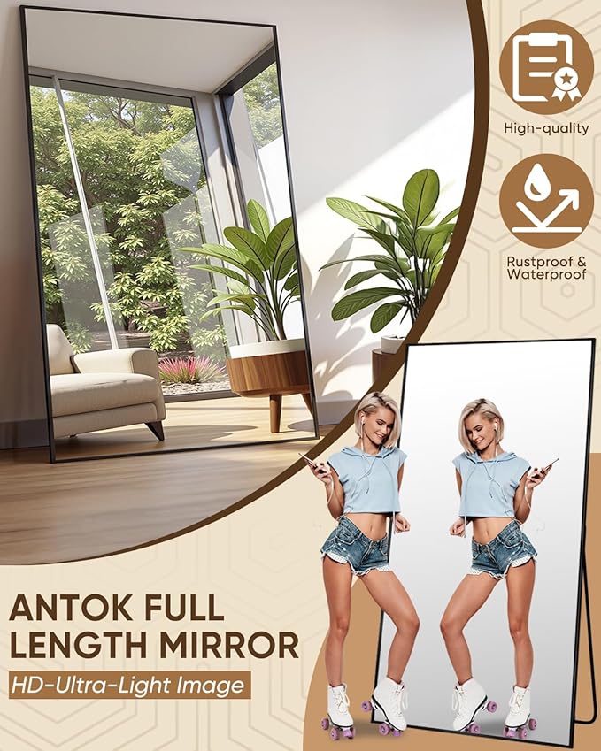 Antok Full Length Mirror, 76"x44" Floor Mirror, Floor Standing Freestanding Full Body Mirror with Stand for Bedroom, Hanging Mounted for Living Room Cloakroom, Black