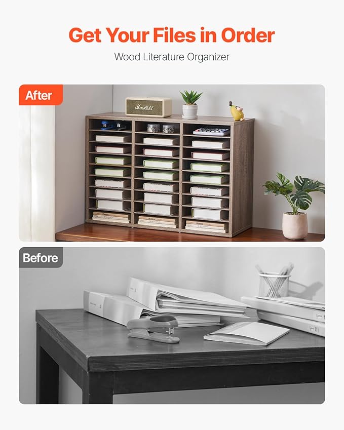 VEVOR Literature Organizer, 27 Compartments Office Mailbox with Removable Shelves, Wood Mailbox Sorter Particle Board Office Home Classroom Storage, File Sorter for File, Document, Paper, Black-Grey