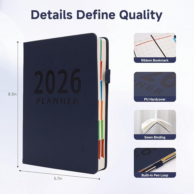 Picoway 2026 Planner A5 400 Pages - Weekly and Monthly Daily Calendar with Thick Paper, One Full Page Per Day Planners from Jan. 2026 - Dec. 2026, Hardcover Notebook ，8.3" x 5.7" (Dark Blue)