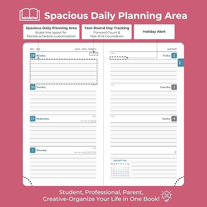 Planner 2026 Daily Weekly and Monthly,6.5"x3.75",12 Months Spiral Bound Calendar Agenda with Self-adhesive Pen Holder,2026 Appointment Book with Vegan Leather Soft Cover,Rose Red
