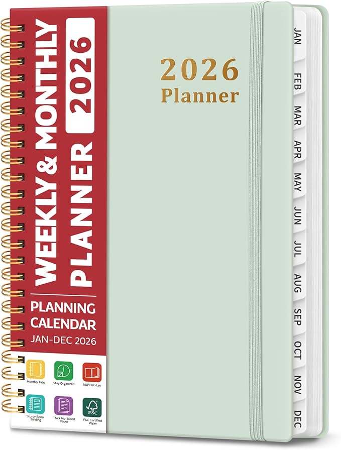 2026 Planner, Weekly and Monthly Calendar Planner, January 2026 - December 2026, Hardcover 2026 Calendar Planner Book with Tabs For Women & Men, Inner Pocket, Spiral Bound, Perfect for Office Home School Supplies - A5 (6.3" x 8.5"), Mint