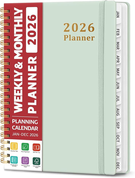 2026 Planner, Weekly and Monthly Calendar Planner, January 2026 - December 2026, Hardcover 2026 Calendar Planner Book with Tabs For Women & Men, Inner Pocket, Spiral Bound, Perfect for Office Home School Supplies - A5 (6.3" x 8.5"), Mint