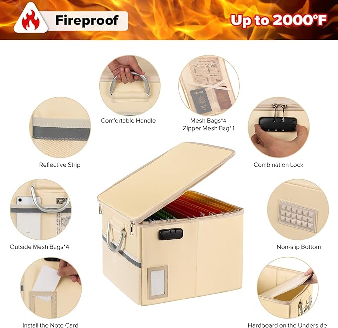 TOMKID Fireproof Document Box, Fire Proof Safe Box for Home Document Organizer with Lock, Fire Office Storage Cabinet for Hanging Letter/Legal Folder 16.1 x 12.9 x 11in (Off-white)