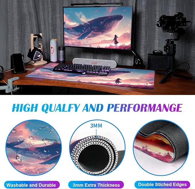 Cute Sky Whale Fish Dream Fantasy Mouse Pad, Stitching Edge Computer Game Keyboard Pad Whale, Large Women's Office Desk Accessories Decorative Mouse Pad 35.4 x 15.7 Inches