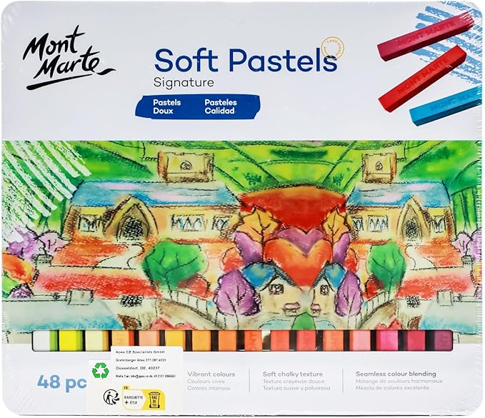 Mont Marte Soft Pastels in Tin Box Signature 48pc, 48 Assorted Colors, Vibrant Pastel Sticks, Great Blending, Comes in Storage Case, Ideal for Art, Craft, Coloring and Sketching
