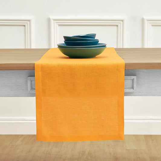 Solino Home Linen Table Runner 48 Inches - 100% Pure Linen Tangerine Yellow Table Runner 14 x 48 Inch Ideal for Dresser and Coffee Tables - Fete