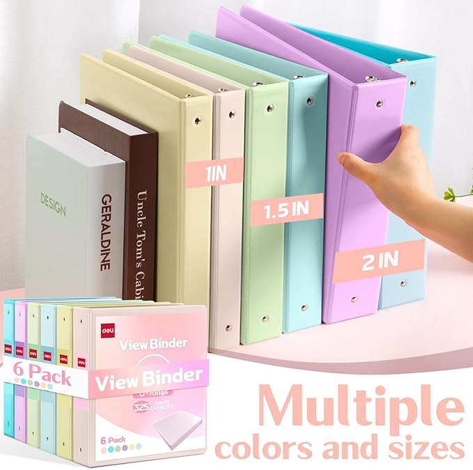 Deli 1.5-inch 3 Ring Binder with 2 Interior Pockets, 325 Sheets Capacity, 1.5 inch Binders fits 11" x 8.5" US Letter Size, Assorted 6 Pastel Colors, 6 Pack