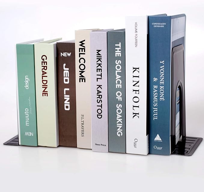 KINJOEK 4 Pairs/8 PCS Heavy Duty Bookends, 8.3x6.5x5.1 Inch Anti Slip Metal Book Ends for Books, Magazines, DVDs, Home, Office, School, Library, Black