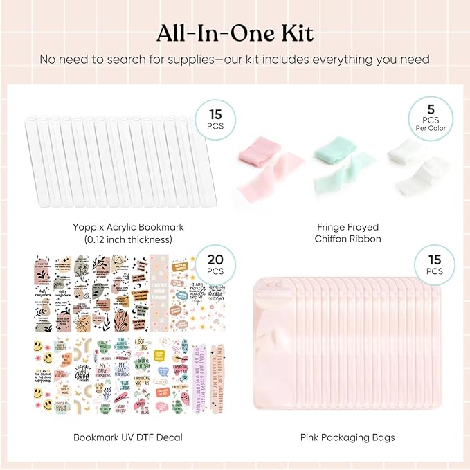 15 Pieces Acrylic Bookmark Blanks (3mm) Thicken Bookmark Making Kit with 20 Pcs Daily Affirmation UV DTF Sticker, 15 Pcs Ribbon, Suitable for DIY Your Crafts Gifts