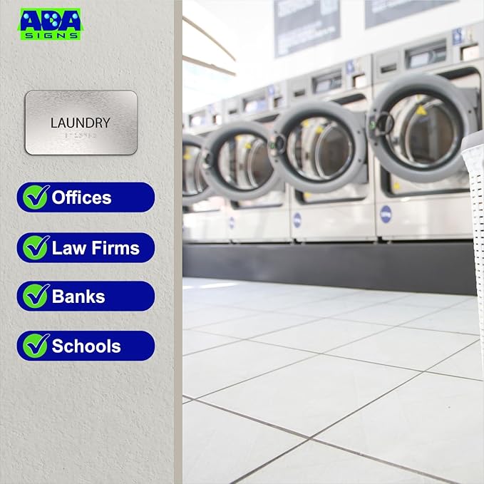 ADASigns Laundry Signs 7" W x 4" H - Durable Brushed Aluminum with Grade 2 Braille - Easy Installation with Strong Double Sided Tape - ADA Compliant Office Door Signs for Businesses & Offices