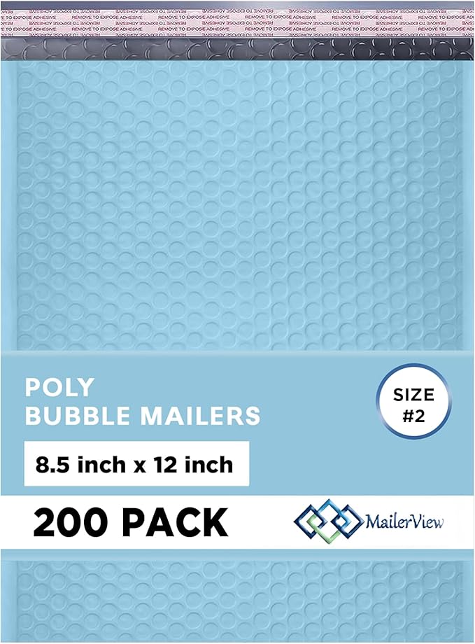 Light Blue Poly Bubble Mailers 8.5x12 inch #2 | Self Seal Padded Envelopes | Cushioned Bubble Mailer | Usable Size 8.5x11 | Water Proof | Lightweight mailing Shipping Bags | 200 Pack Bulk