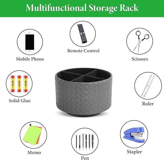 Hennaja Round Leather Art Supply Organizer,Remote Control Holder,360 Degree Spinning,Multi-Functional Pencil Holder,4 Compartments Desktop Stationary Organizer(1-Weave Grey)