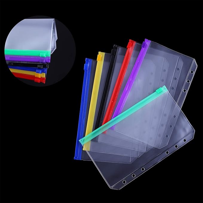Antner 12PCS A6 Binder Pockets 6-Hole Budget Cash Envelopes Multicolor Zipper Money Organizer for Cash Stuffing, Waterproof PVC A6 Planner Inserts Binder Pouches Loose Leaf Document Storage Bags
