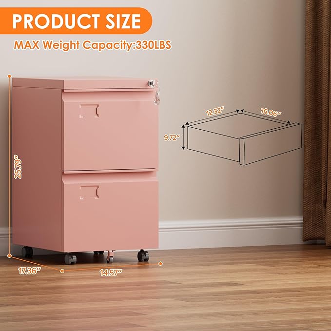2 Drawer Mobile File Cabinet with Lock, Under Desk Metal Filing Cabinet for Office, Home,Vertical Cabinet Legal/Letter Size, Need to Assembled (Pink)