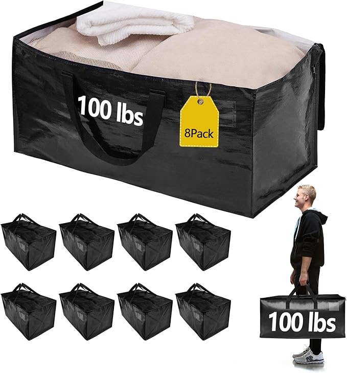 8 Pack Waterproof Moving Bags with Strong Zippers and Reinforced Handles, Real 100lb Capacity Extra Heavy Duty Large Storage Totes for Packing & Moving Storing, Alternative to Moving Boxes -95L,Black