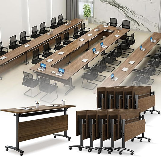 Folding Conference Room Table, Modern Conference Tables with Wheels, Large Rectangular Mobile Training Tables for Office Classroom, Foldable Modular Boardroom Seminar Table Walnut (10pack L63in)
