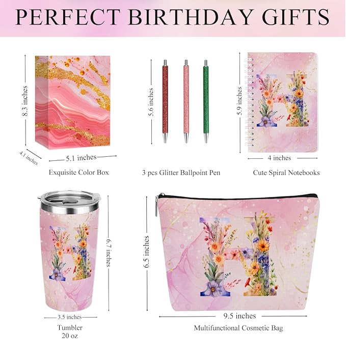 Personalized Gifts Monogrammed Birthday Gifts for Women, Bridesmaid Bachelorette Party Christmas Initial 20 oz Tumbler, Makeup Bag Cup Ballpoint Pens Journal Notebook 6 Set, (Aesthetic Pink Flower H)