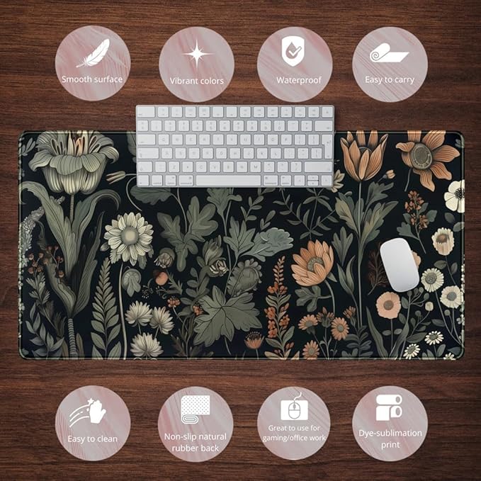 Aesthetic Vintage Dark Flower Plants Wildflowers Large Gaming Mousepad XXL Keyboard Mouse Mat Full Desktop Mat Women Desk Cover Mat for Work Office Home 31.5x15.8 in