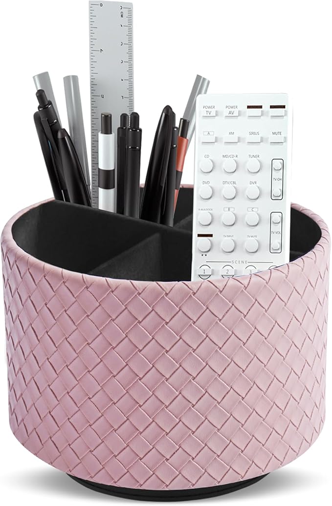 Hennaja Round Leather Art Supply Organizer,Remote Control Holder,360 Degree Spinning,Multi-Functional Pencil Holder,4 Compartments Desktop Stationary Organizer(1-Weave Purple)