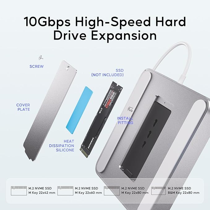 USB C HUB for iMac 24 inch 2021/2023/2024, PULWTOP USB Hub Adapter iMac Accessories for i-Mac M1/M3/M4 with USB C 10Gbps 3*USB A SD/TF, Docking Station Support Expand M.2 SSD (Not Included), Silver