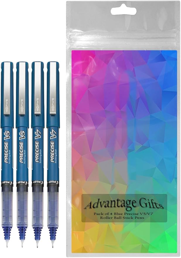 Precise V5/V7 Stick Rolling Ball Pens, Fine and Extra Fine Point, Assorted Points Blue Ink, 4-pk; Bundle with Plastic Reusable Pouch