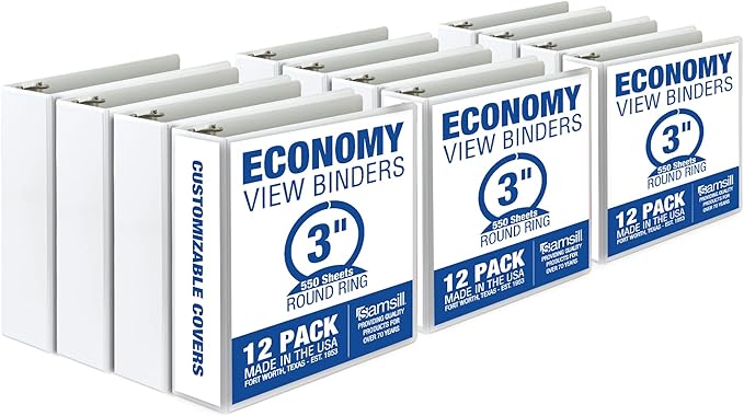 Samsill 3 Inch 3 Ring Binders, Made in USA, Economy Round Ring, Clear View Cover, 550 Sheet Capacity - for School, Home, Office - White, 12 Pack