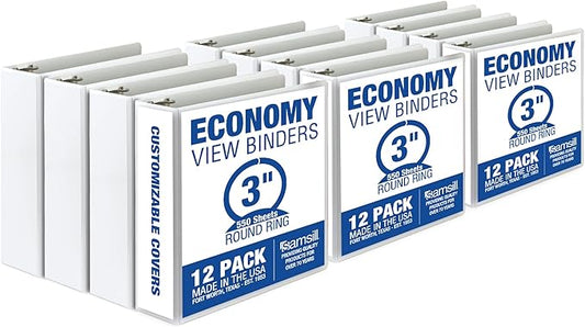 Samsill 3 Inch 3 Ring Binders, Made in USA, Economy Round Ring, Clear View Cover, 550 Sheet Capacity - for School, Home, Office - White, 12 Pack