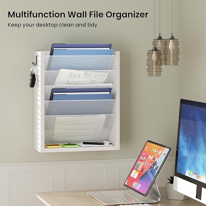 Hanging Wall File Organizer, 6 Tier Wood Wall File Holder with 2 Hooks, Mail Organizer Wall Mounted with Bottom Flat Tray, Vertical Paper Desk Storage for Office, Home, White