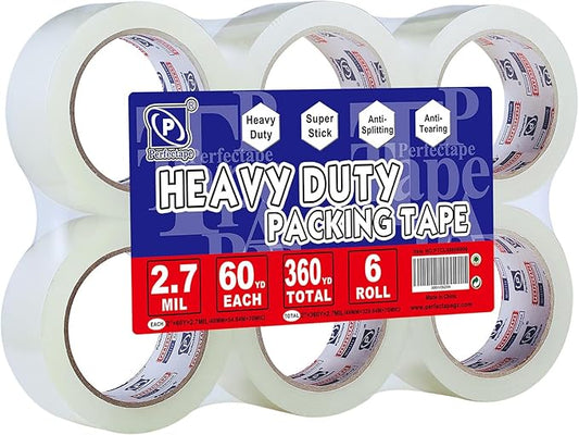 Heavy Duty Packing Tape 6 Rolls, Total 360Y, Clear, 2.7 mil, 1.88 inch x 60 Yards, Ultra Strong, Refill for Packaging and Shipping