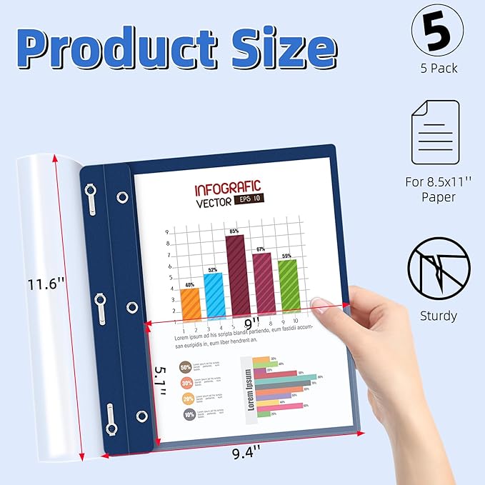 HAUTOCO 5 Pack Plastic Report Covers with 3 Prongs Fasteners Clear Front Resume Portfolio Folder for 8.5x11 Letter Size Paper, Presentation Document Report Cover for School Office Business, Navy Blue