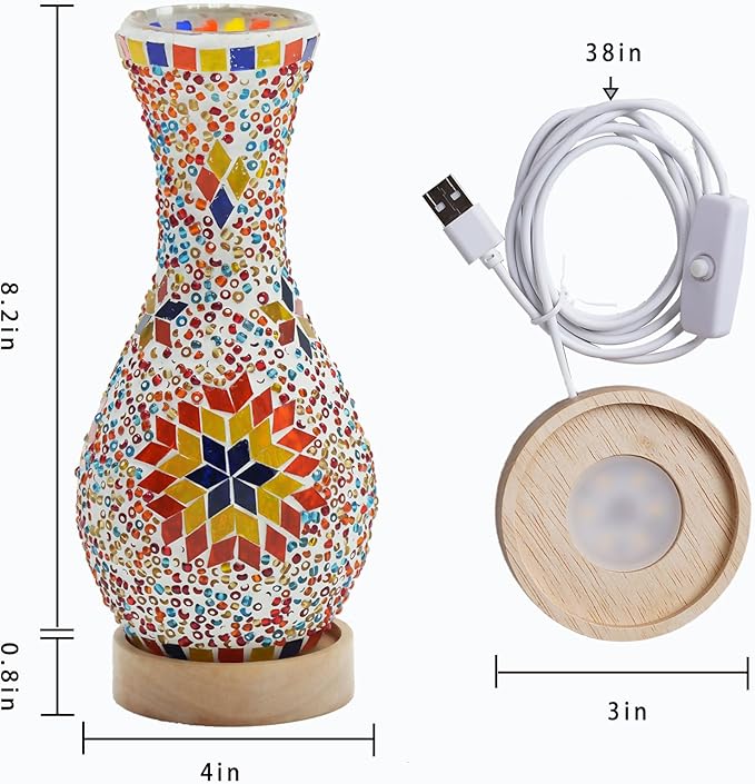 Mosaic Vase Lamp, Turkish Moroccan Table Lamp，Colorful Handmade Glass Vase with Wood Base for Flowers, USB Charge Decor Light for Bedroom Ambient Living Room Farmhouse