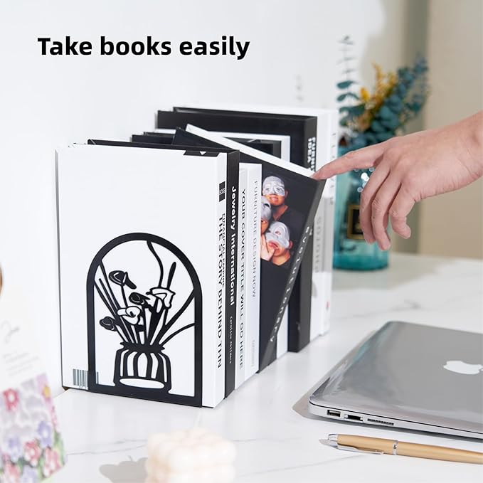 3 Pairs Metal Book Ends, Flower Bookends for Shelves Decorative, Book Stopper for Heavy Books, Ends to Hold Books for Home Office