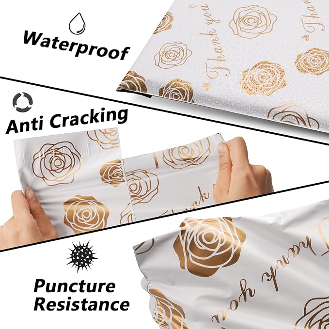 Thank You Poly Mailers 12x15.5 Inch 50 Pcs - Gold Rose Printed Shipping Bags for Clothing - Waterproof and Tear Resistant Mailing Envelopes - Self-Sealing Packaging Bags for Small Business