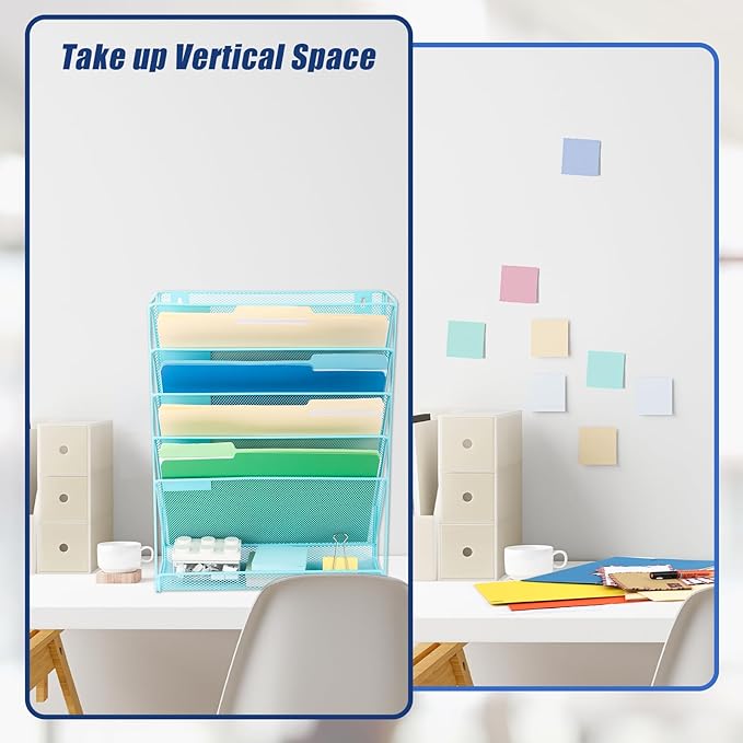 EASEPRES Desk File Organizer Mesh 6-Tier, Hanging Wall Mount Document Organization Stand, Desktop Vertical Mail Paper Folder Holder Rack with Bottom Tray for Office Home Cubicle Countertop, Blue