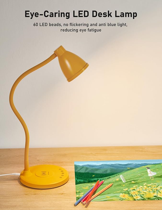 BOHON LED Desk Lamp with USB C+A Charging Ports Wireless Charger, 5 Colors Stepless Dimming Touch Reading Light, Flexible Gooseneck Lamp for Home Office Bedside Table College Dorm Room, Bright Yellow