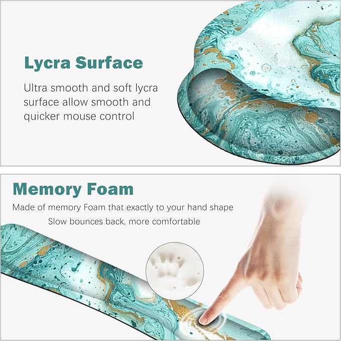 ARTSO Large Mouse Pad Set, Ergonomic Keyboard Wrist Rest Support, Memory Foam Gel Extended Non-Slip Desk Blotter Pad for Office, Home, Teal Turqoise Marble