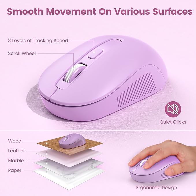 Wireless Keyboard and Mouse Combo-Round Keycaps, Full-Size Retro Typewriter Keyboard with Detachable Wrist Rest, Sleep Mode & Tilt Legs, 2.4GHz Cordless Connection for Mac/Windows/PC (Lavender Purple)