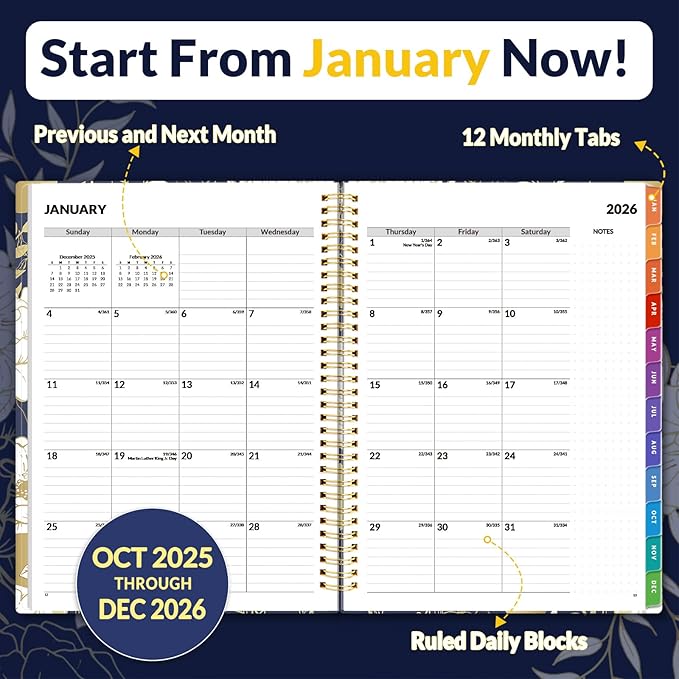 SUNEE 2026 Weekly and Monthly Planner - from January 2026 - December 2026, 8.5"x11" Daily Agenda Planner with Monthly Tab, Flexible Cover, Note Pages, Pockets, Bookmark, Spiral Binding, Dark Blue