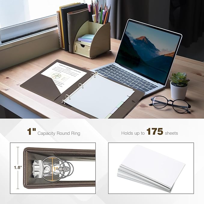 Ospelelf 1 Inch 3 Ring Binder Vintage Hardcover, Leather Clipboard Organizer for Letter Size, Professional Binder with Dividers and Tabs, Brown